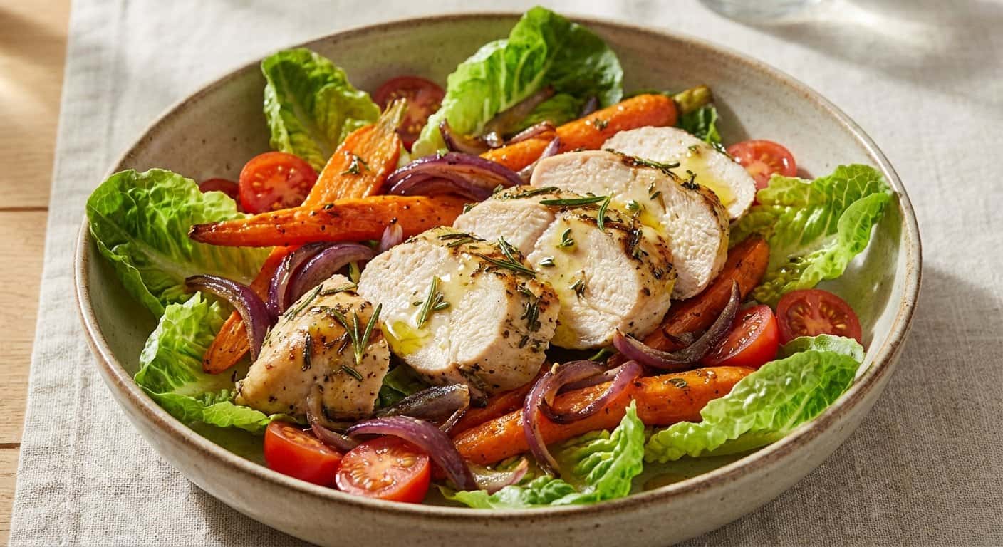 Ensalada templada de pollo con zanahoria y cebolla morada