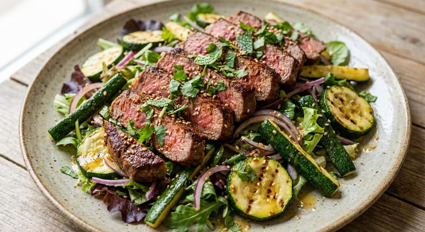 Ensalada Templada de Ternera a la Plancha con Calabacín y Hierbas Frescas