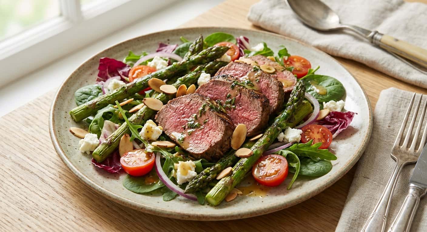 Ensalada templada de ternera a la plancha con espárragos y almendras