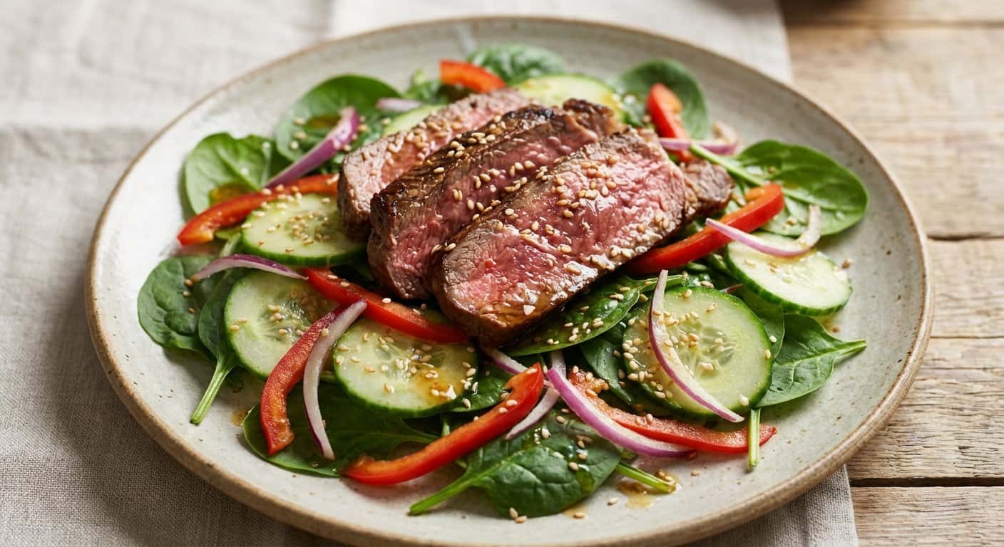 Ensalada templada de ternera a la plancha con espinacas y semillas de sésamo