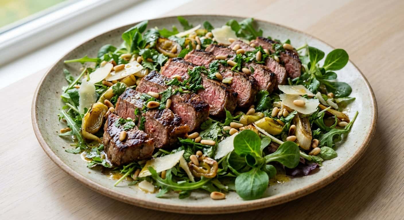 Ensalada Templada de Ternera a la Plancha con Puerro y Hierbas Frescas