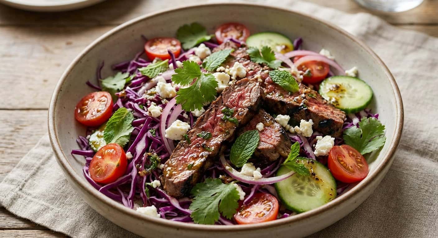 Ensalada Templada de Ternera a la Plancha con Repollo y Hierbas Frescas