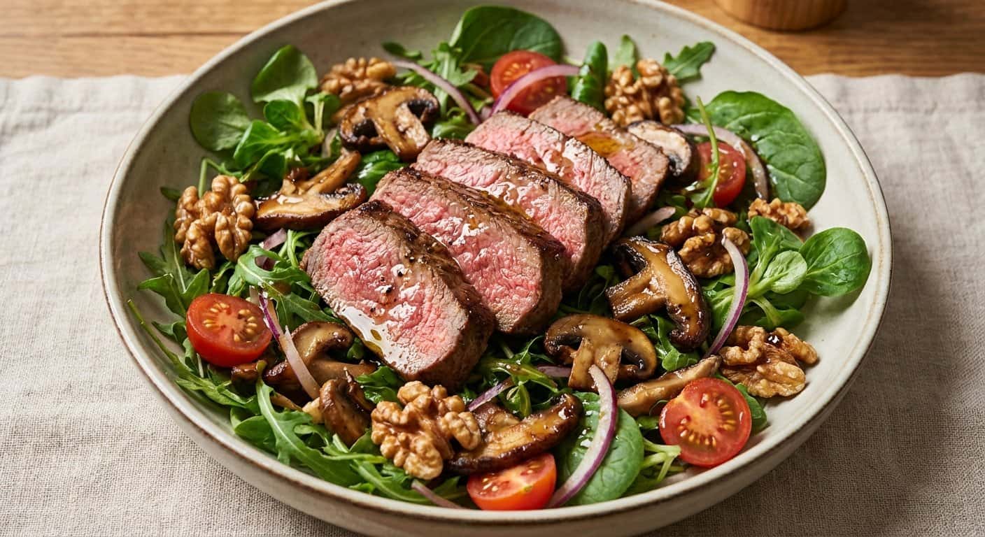 Ensalada templada de ternera a la plancha con setas y nueces