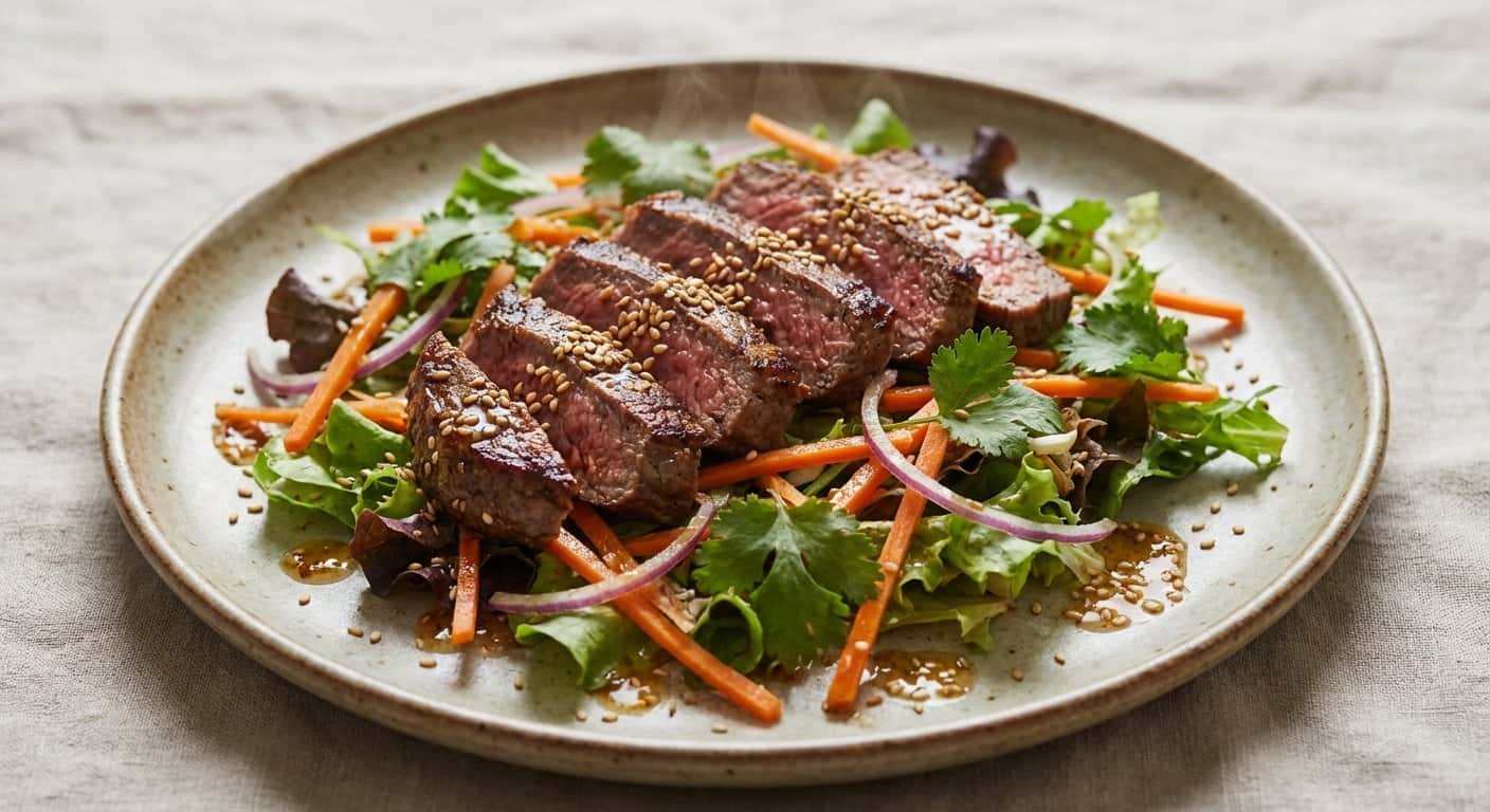 Ensalada templada de ternera a la plancha con zanahoria y semillas de sésamo