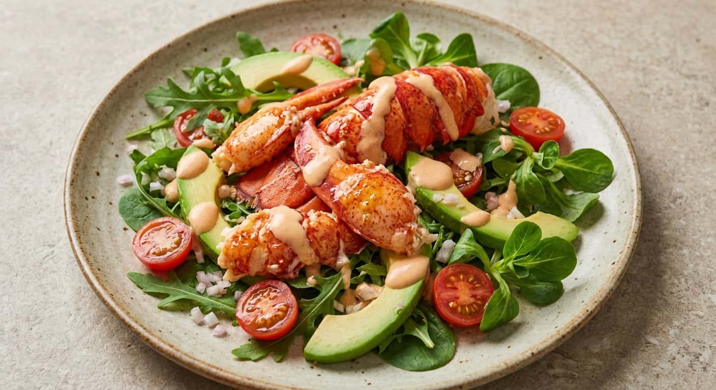 Ensalada tibia de bogavante con vinagreta de coral