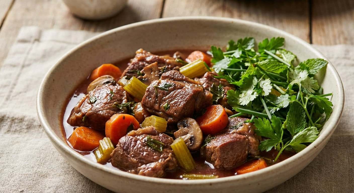 Estofado de Cordero con Ensalada de Hierbas Frescas