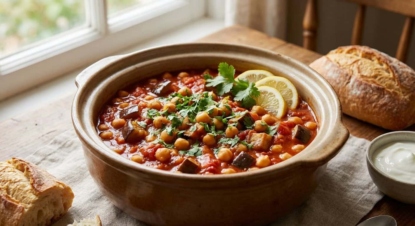 Estofado de Garbanzos con Berenjena y Cilantro en Slow Cooker