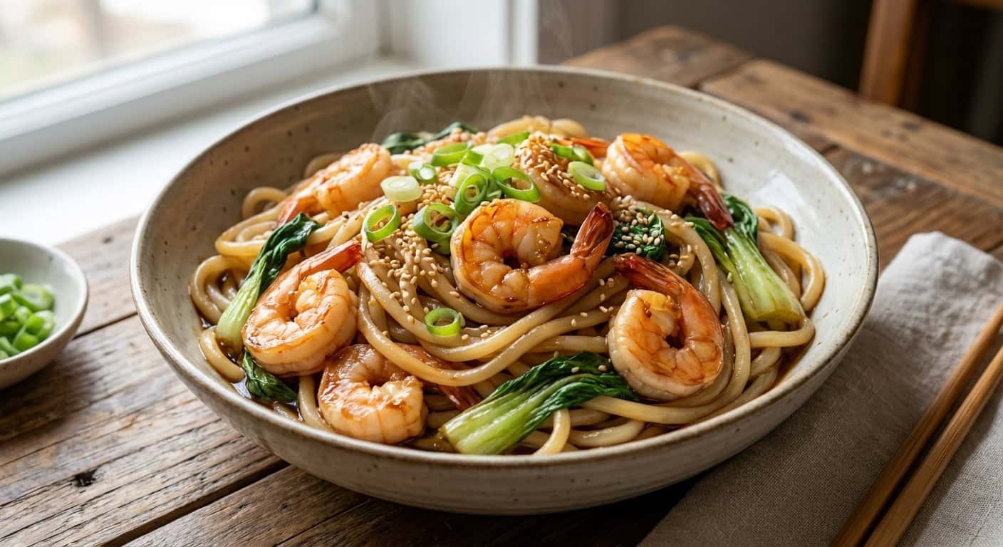 Fideos Fujian con Gambas, Col China y Salsa de Soja