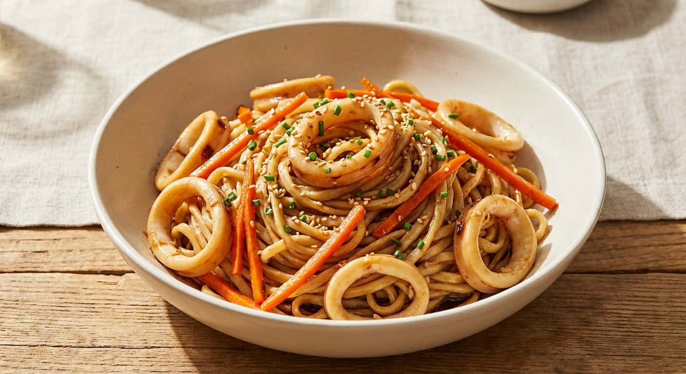 Fideos Pekín con Calamar, Zanahoria y Vinagre Negro