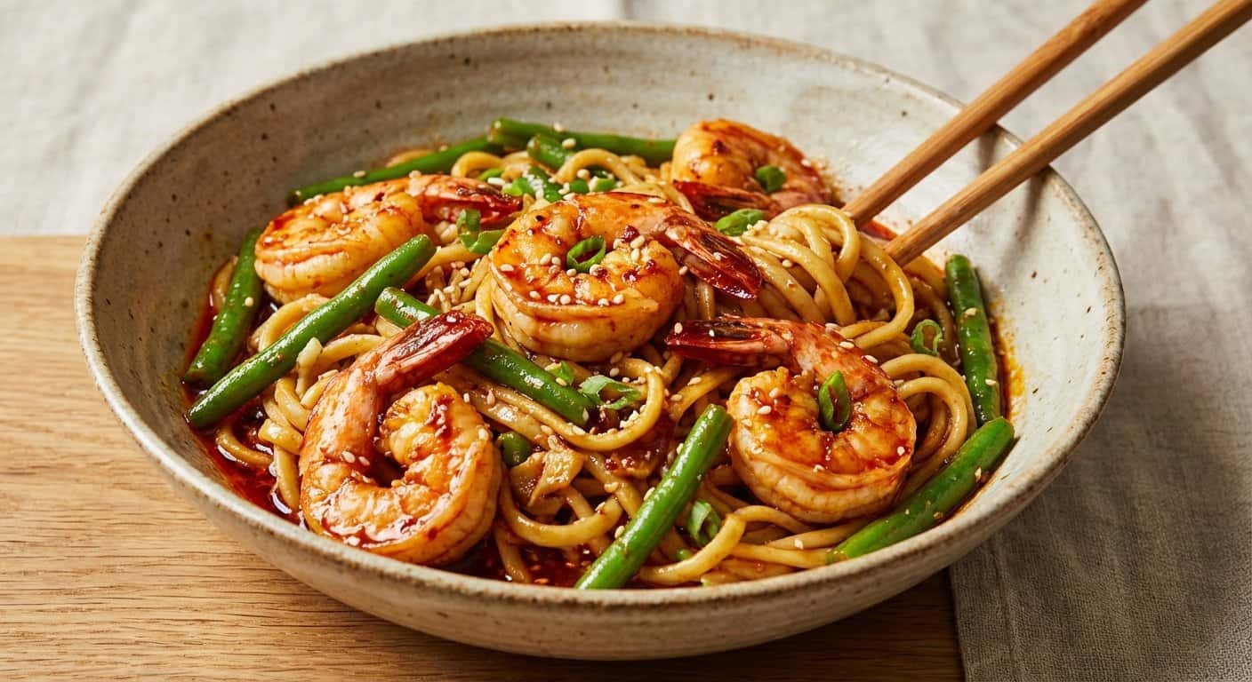 Fideos Pekín con Gambas, Judías Verdes y Doubanjiang