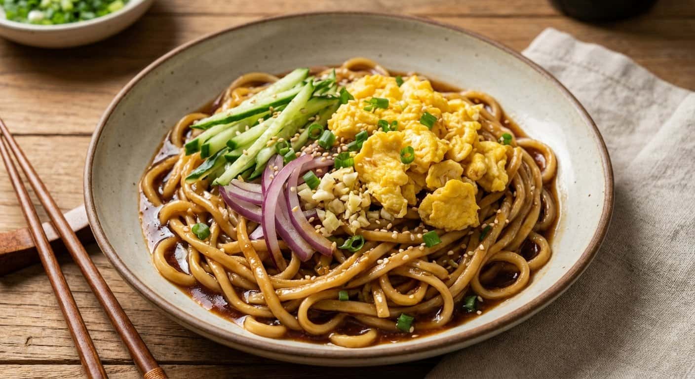 Fideos Pekín con Huevo, Pepino y Salsa Agridulce