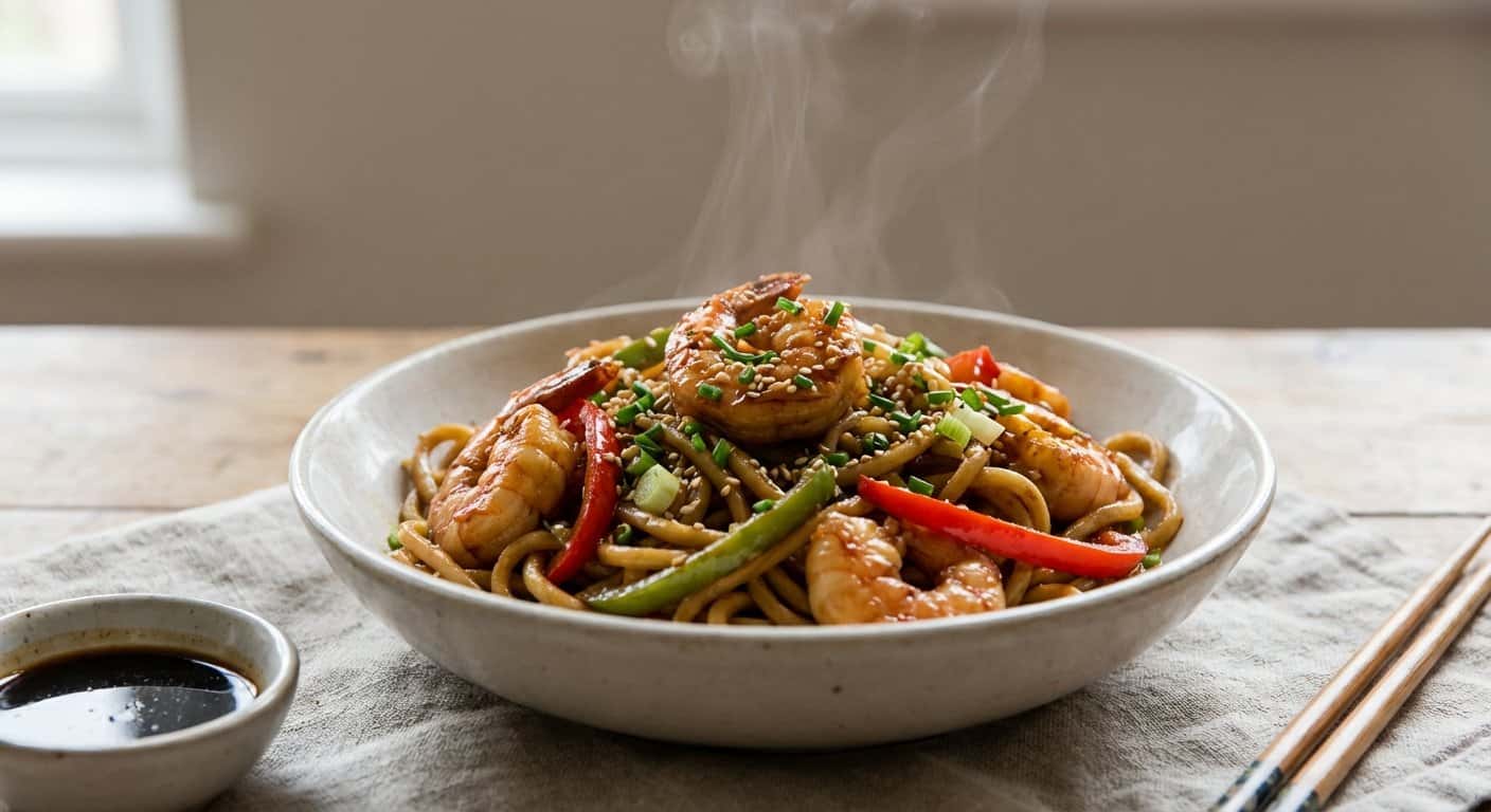 Fideos Shanghainesa con Gambas, Pimiento y Vinagre Negro