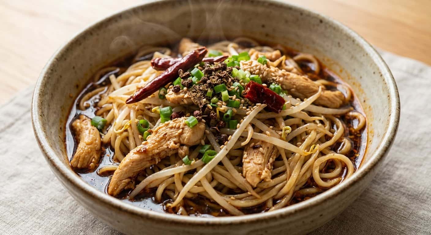 Fideos Sichuan con Pollo, Brotes de Soja y Vinagre Negro