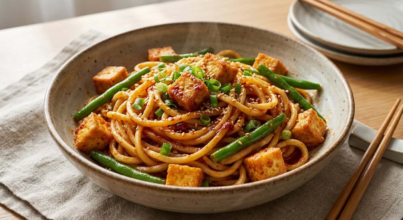 Fideos Sichuan con Tofu y Judías Verdes