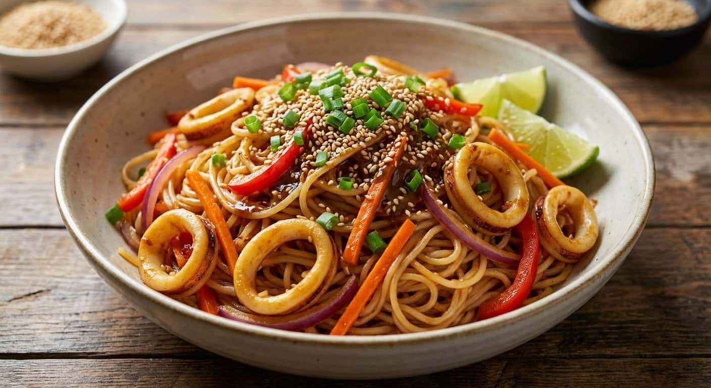Fideos Taiwaneses con Calamar, Zanahoria y Salsa de Sésamo
