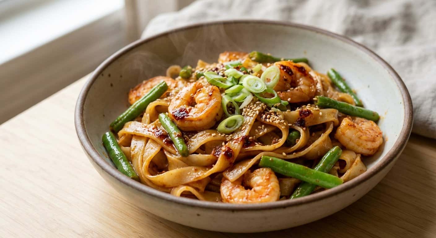 Fideos Taiwaneses con Gambas, Judías Verdes y Doubanjiang