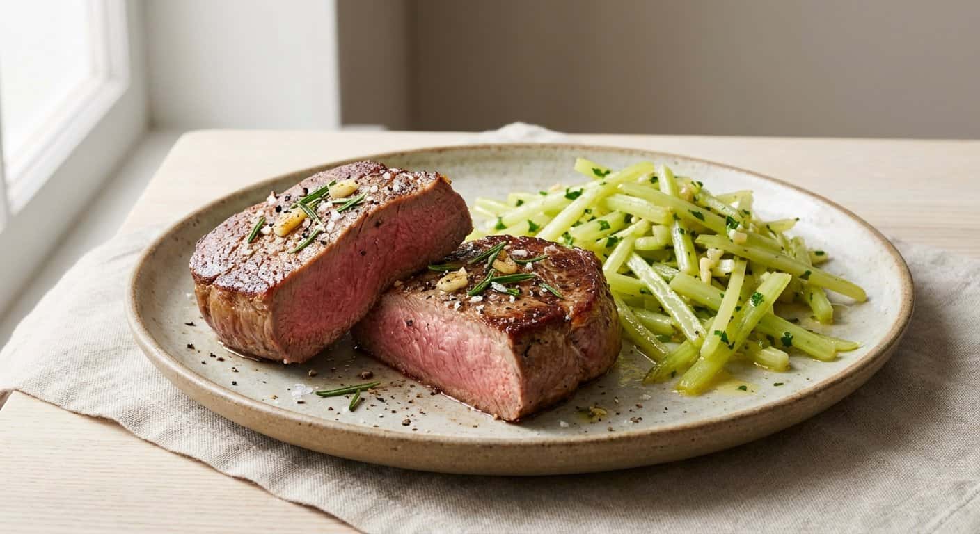 Filete de Ternera a la Plancha con Apio Salteado