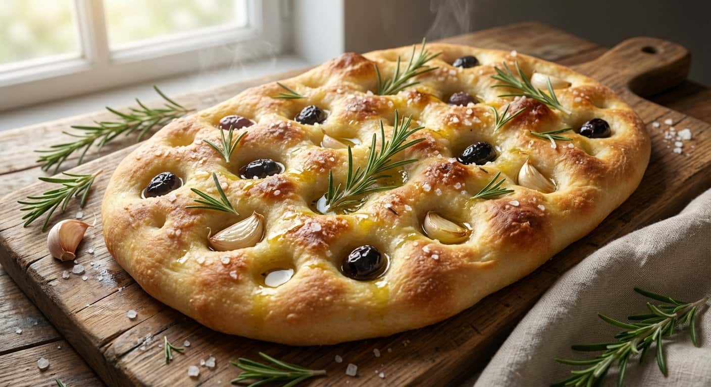 Focaccia Italiana con Romero y Aceitunas