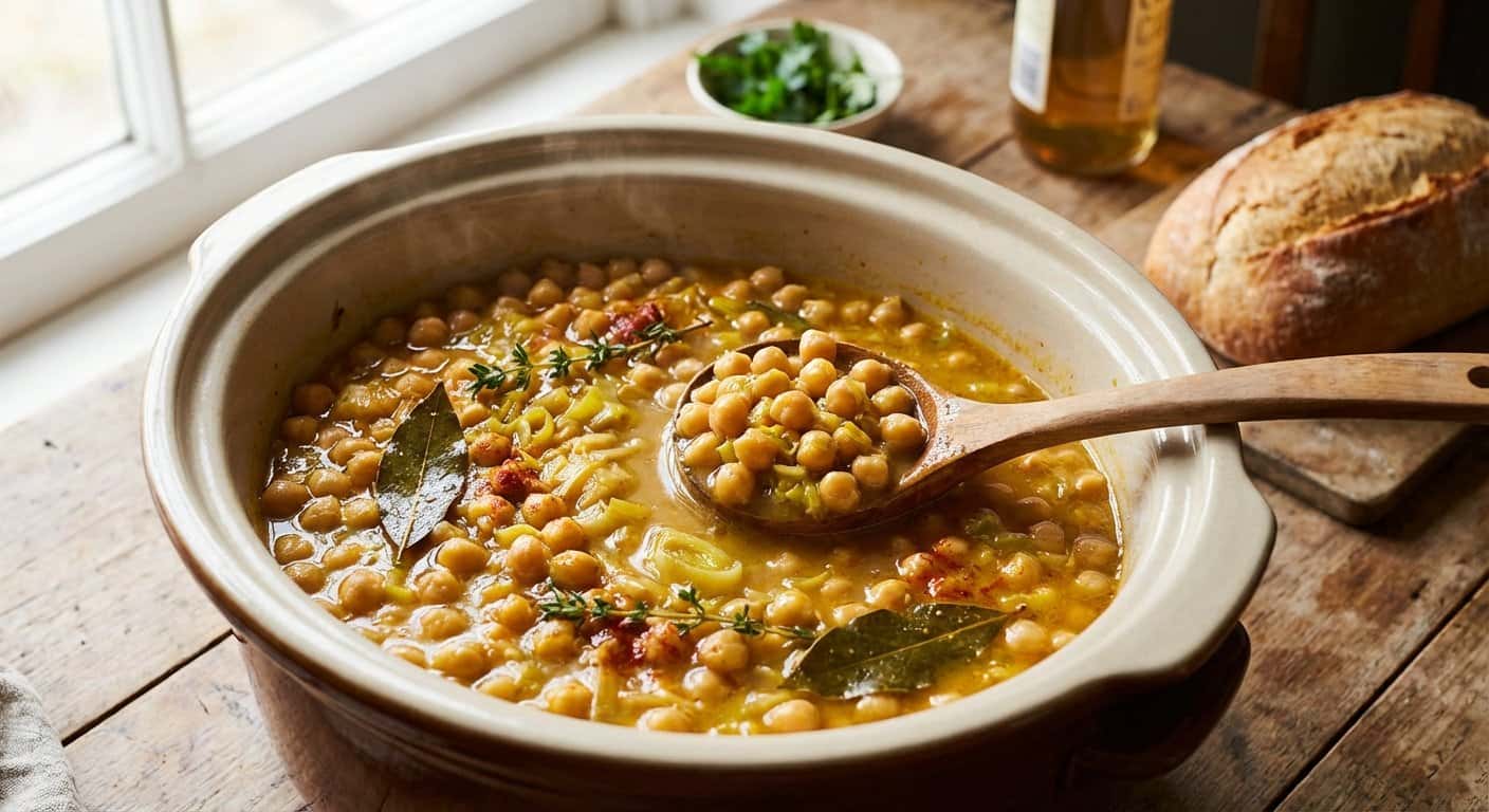 Garbanzos a fuego lento con puerro, ajo y sidra