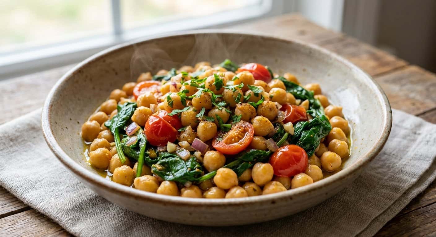 Garbanzos Salteados con Espinacas y Tomate