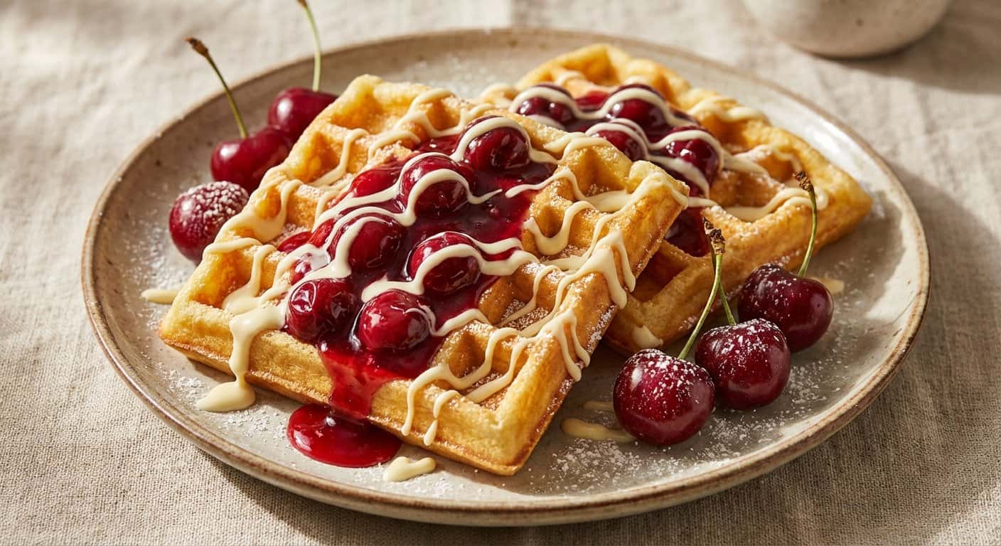 Gofres con cereza y chocolate blanco