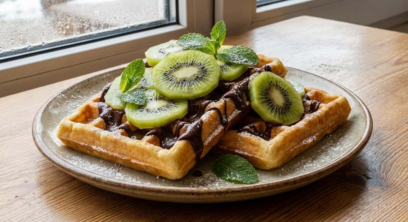 Gofres con kiwi y chocolate negro