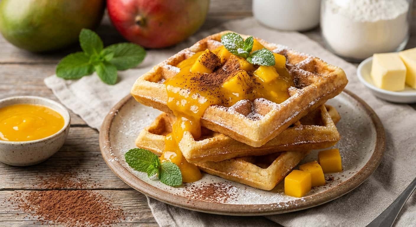 Gofres con mango y cacao