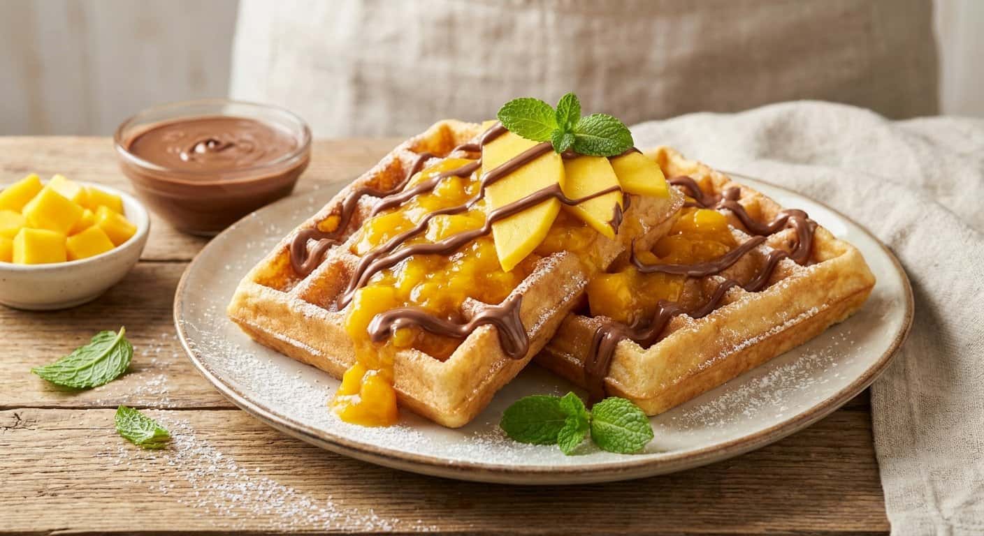 Gofres con mango y chocolate con leche