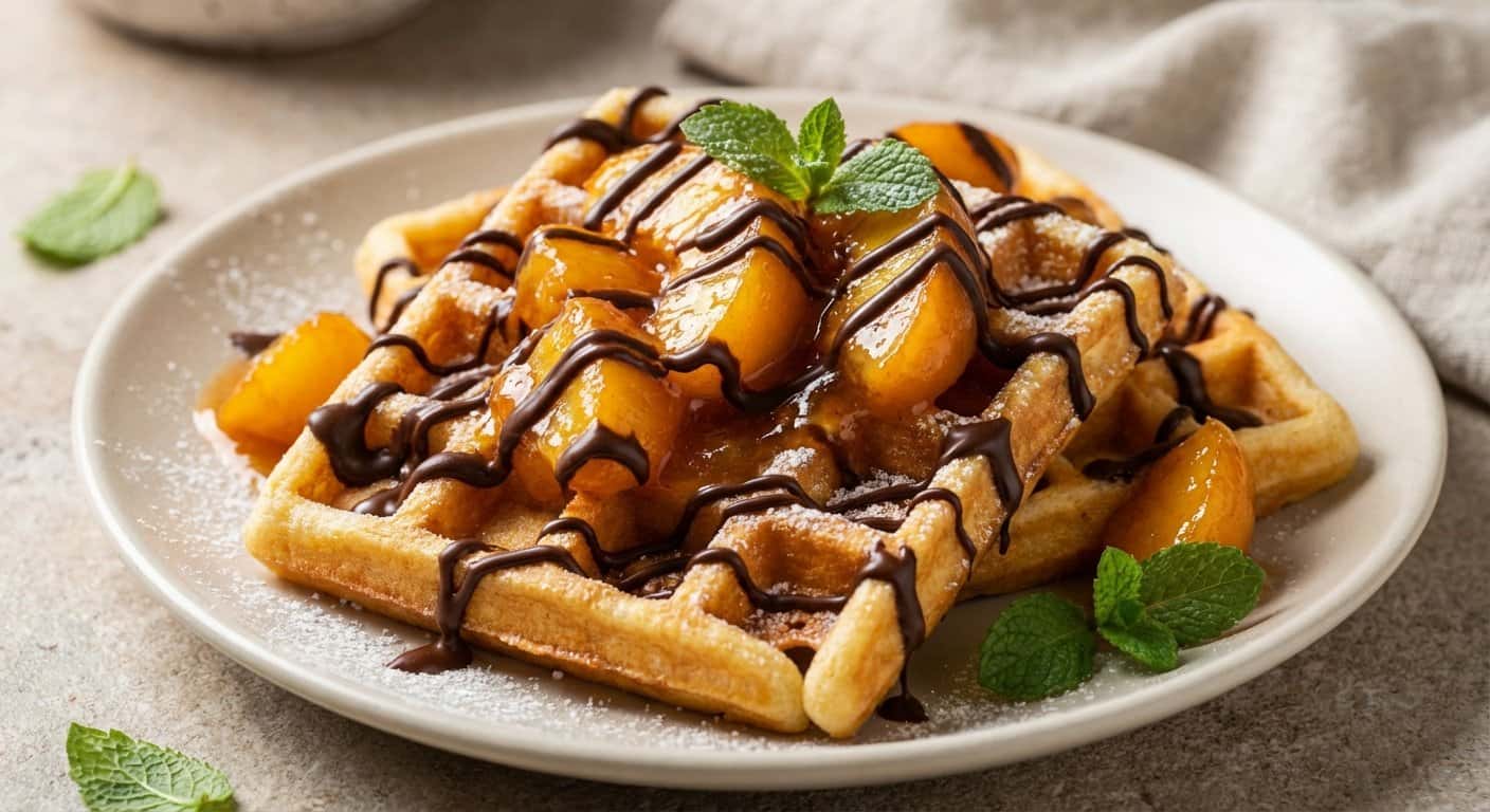 Gofres con Melocotón y Chocolate Negro