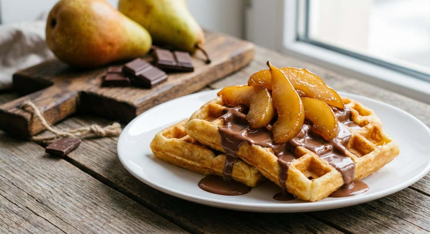 Gofres con pera y chocolate con leche