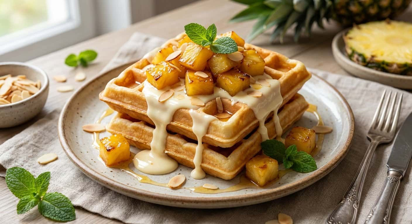 Gofres con piña y chocolate blanco