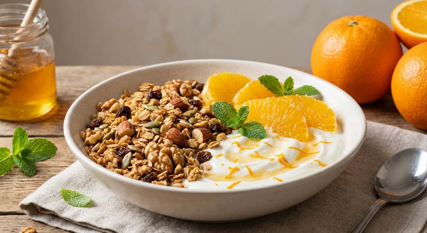Granola casera con yogur y naranja