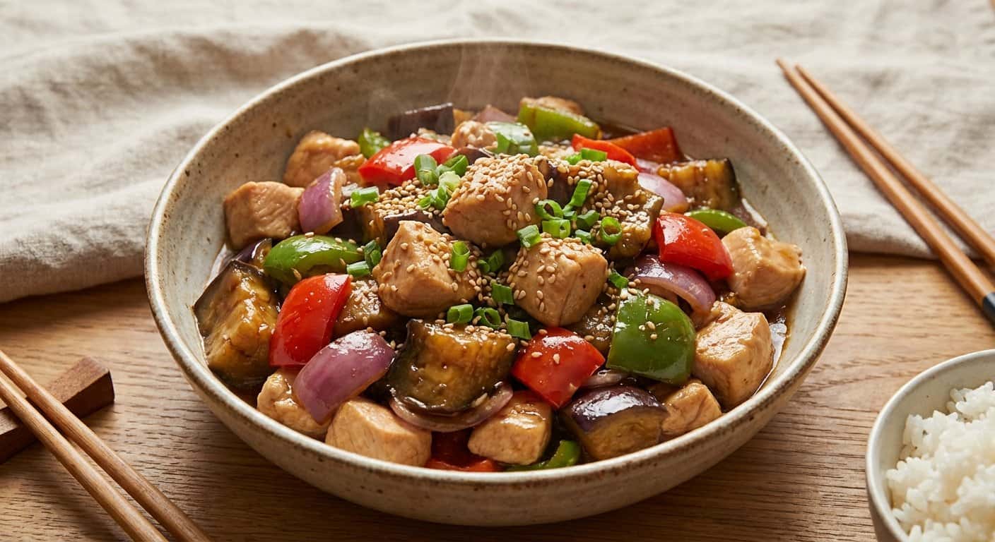 Guiso Cantonesa de Pollo con Berenjena y Salsa de Soja