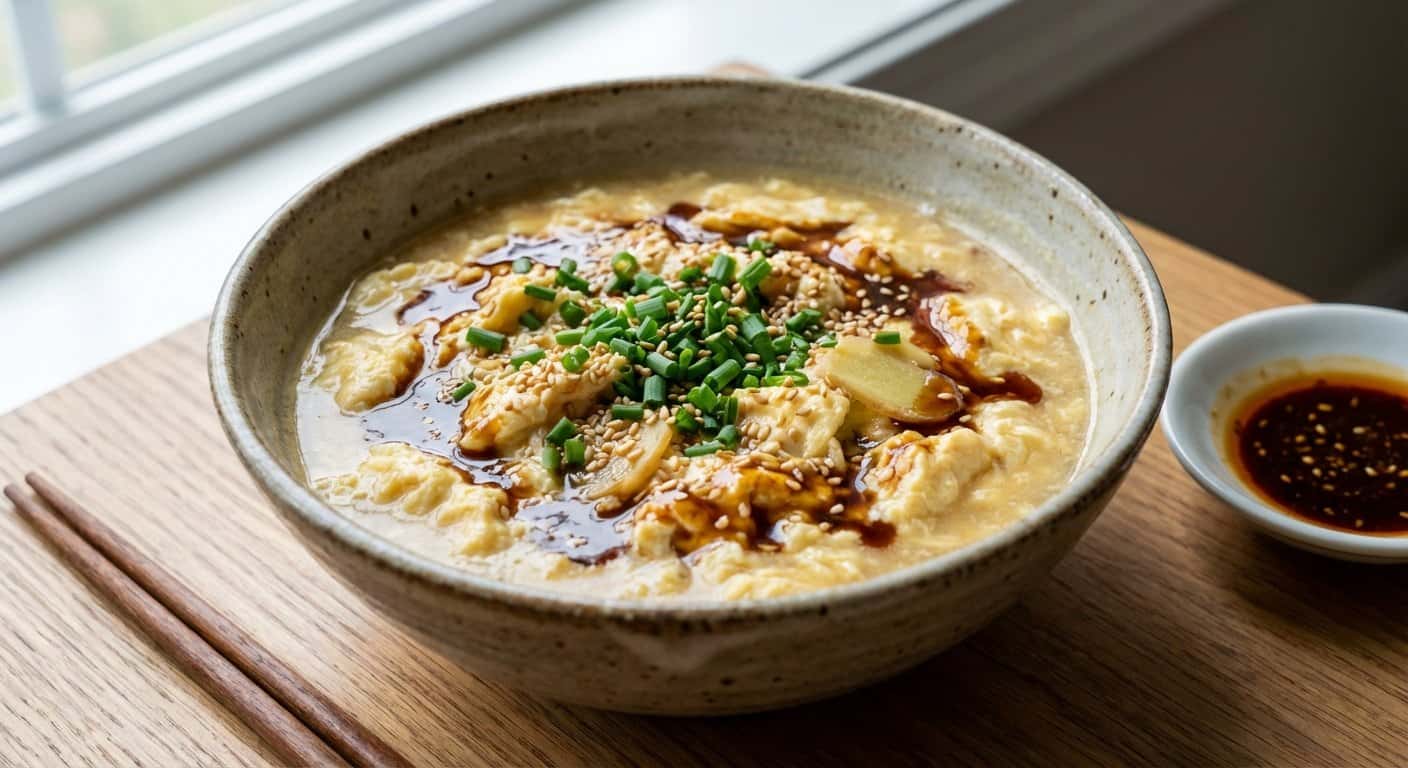 Guiso Fujian de Huevo con Cebollino y Salsa de Sésamo