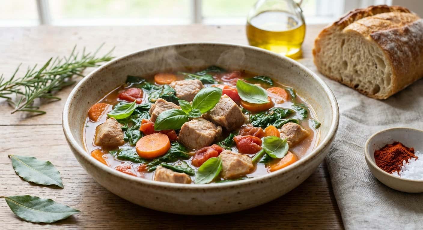 Guiso Ligero de Cerdo con Espinacas y Albahaca