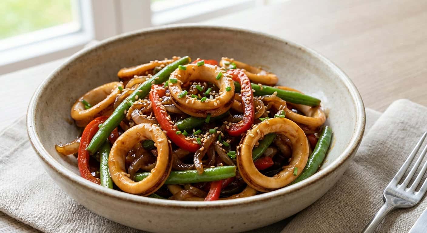 Guiso Pekín de Calamar con Judías Verdes y Salsa Agridulce