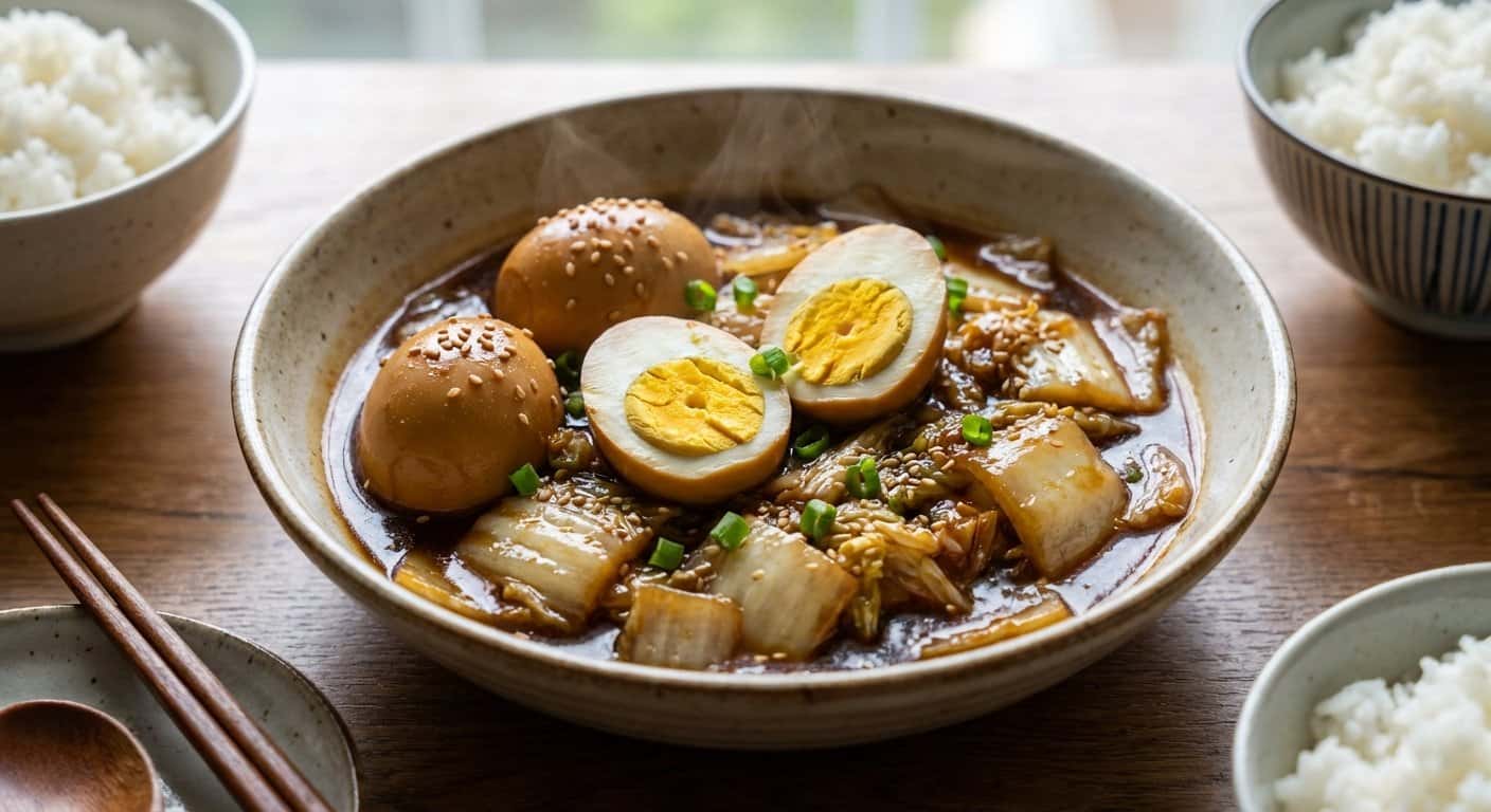 Guiso Shanghainesa de Huevo con Col China y Salsa Agridulce