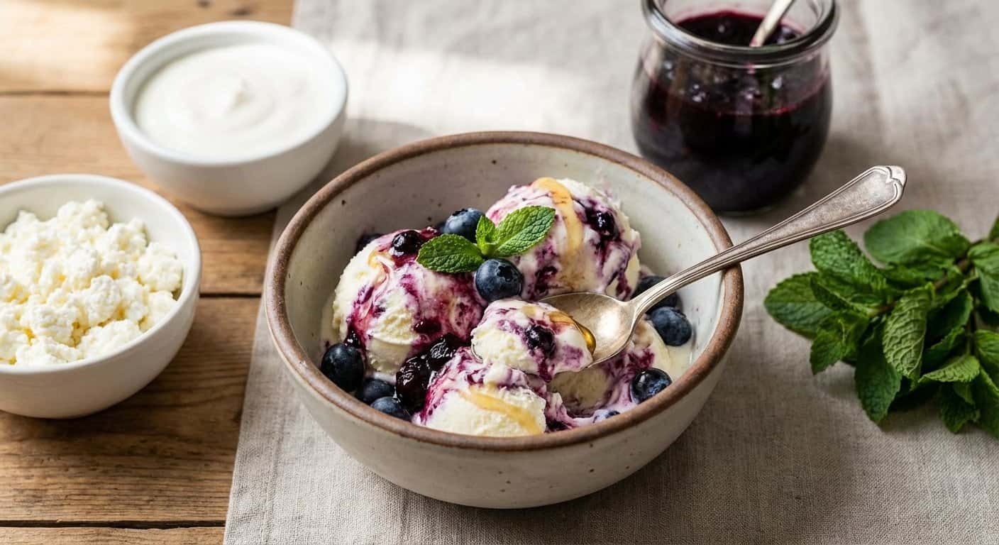 Helado casero de requesón y arándanos