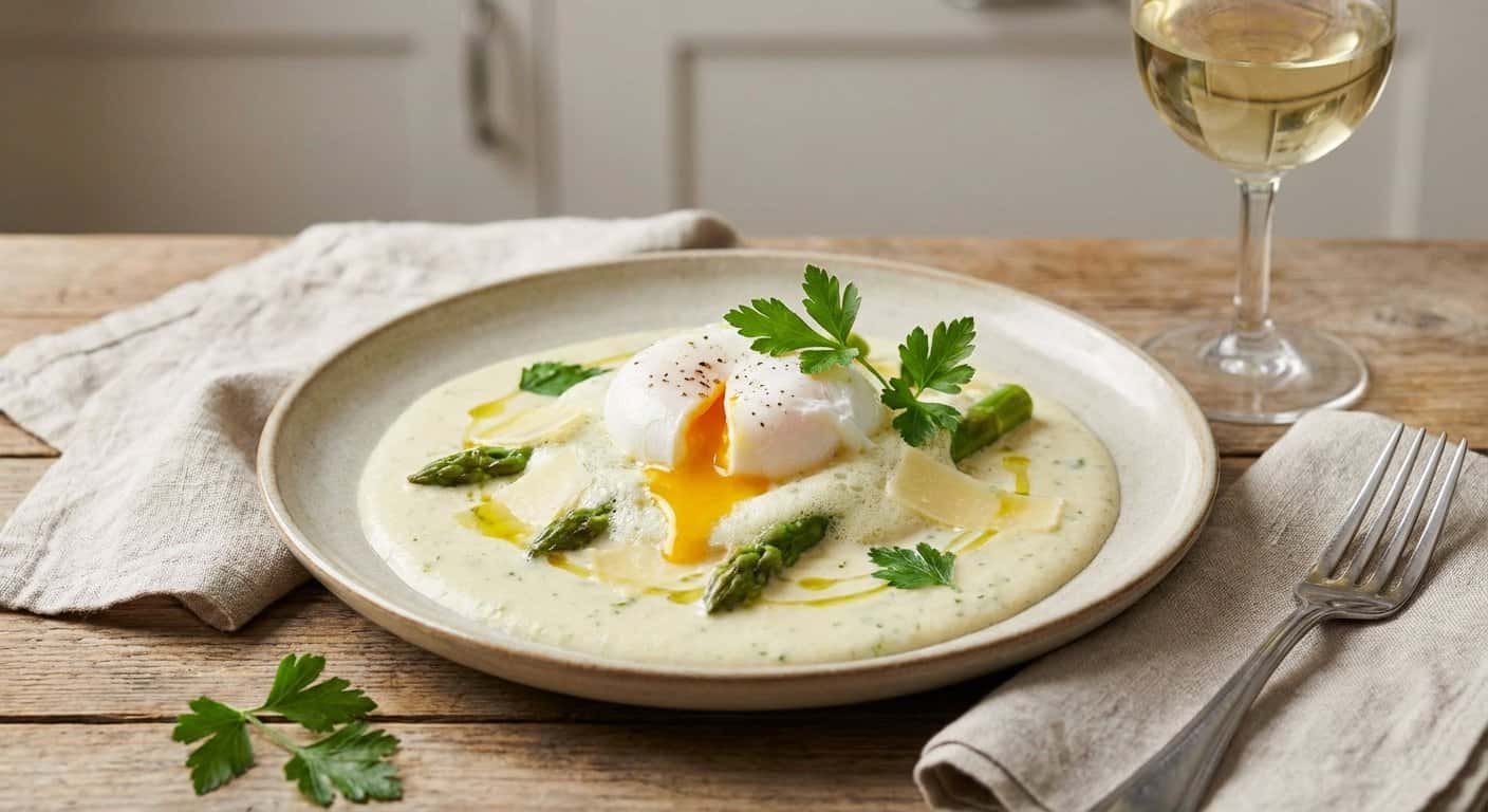 Huevo Pochado sobre Espuma de Espárragos y Parmesano