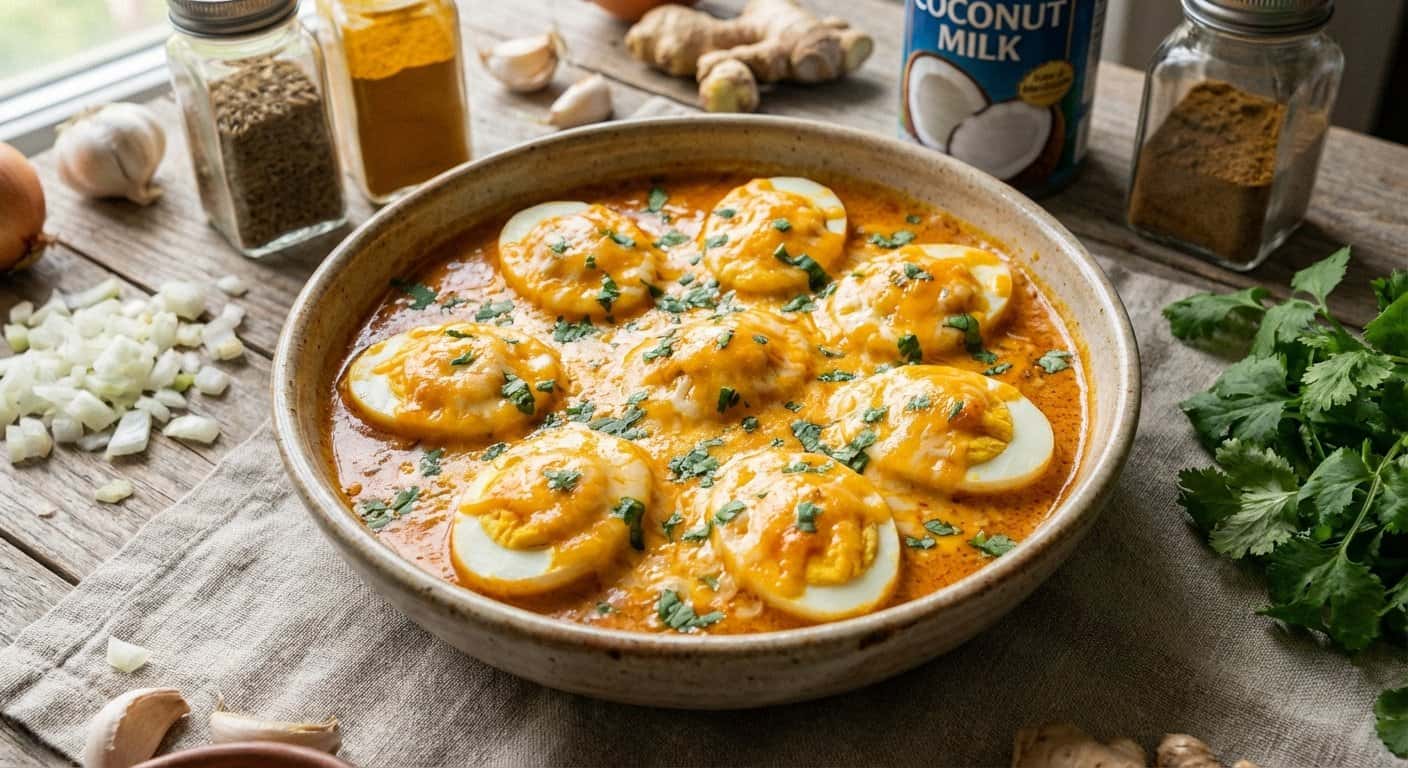 Huevos al Curry con Salsa de Queso