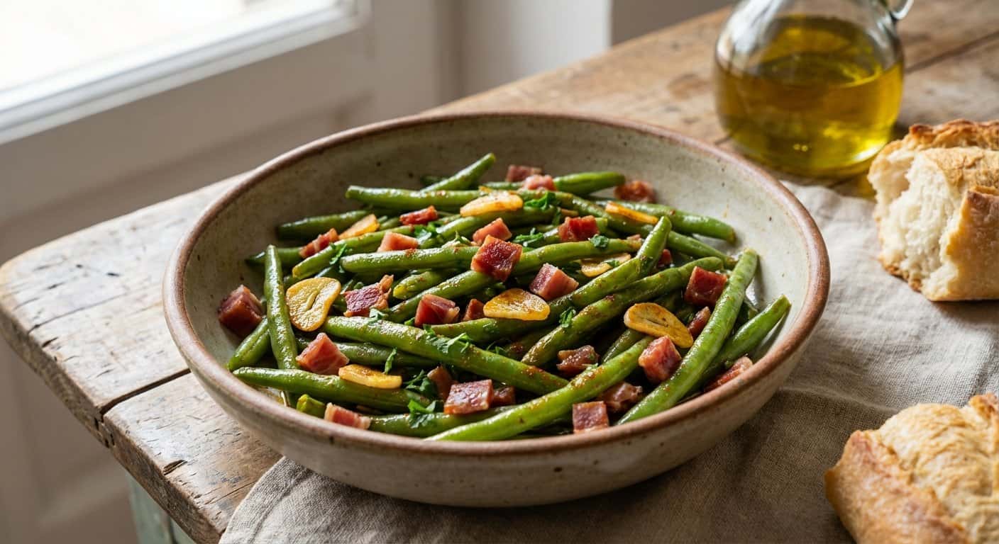 Judías Verdes Rehogadas con Ajo y Jamón