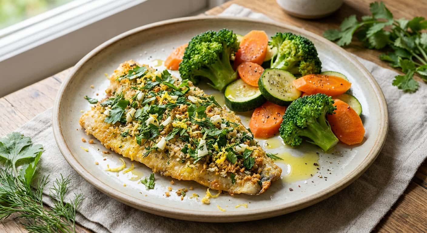 Jurel con costra de hierbas con verduras al vapor