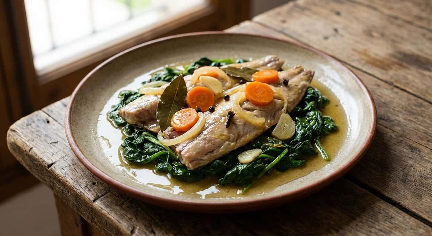 Jurel en Escabeche con Espinacas Salteadas