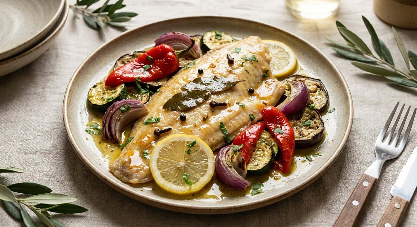 Lenguado en Escabeche con Verduras Asadas