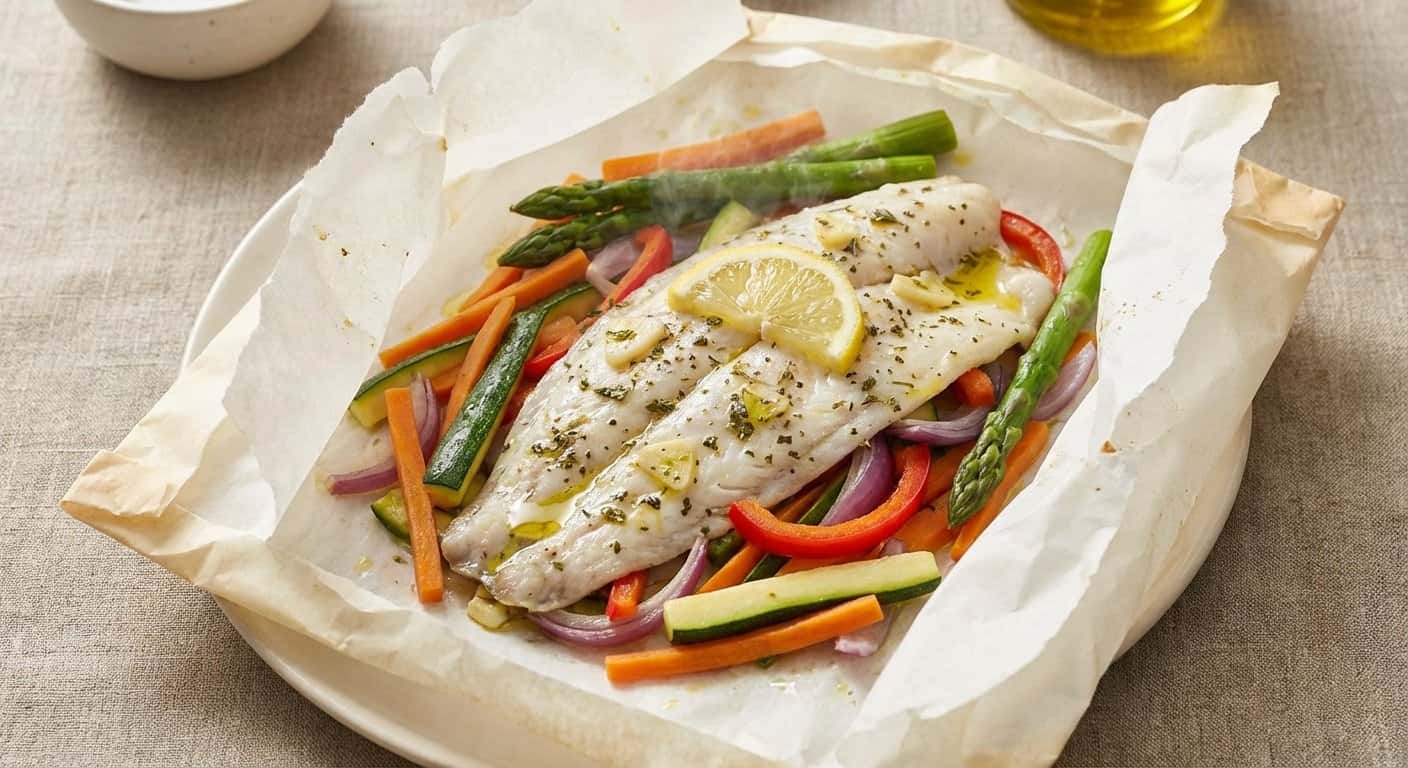 Lenguado en Papillote con Verduras al Vapor