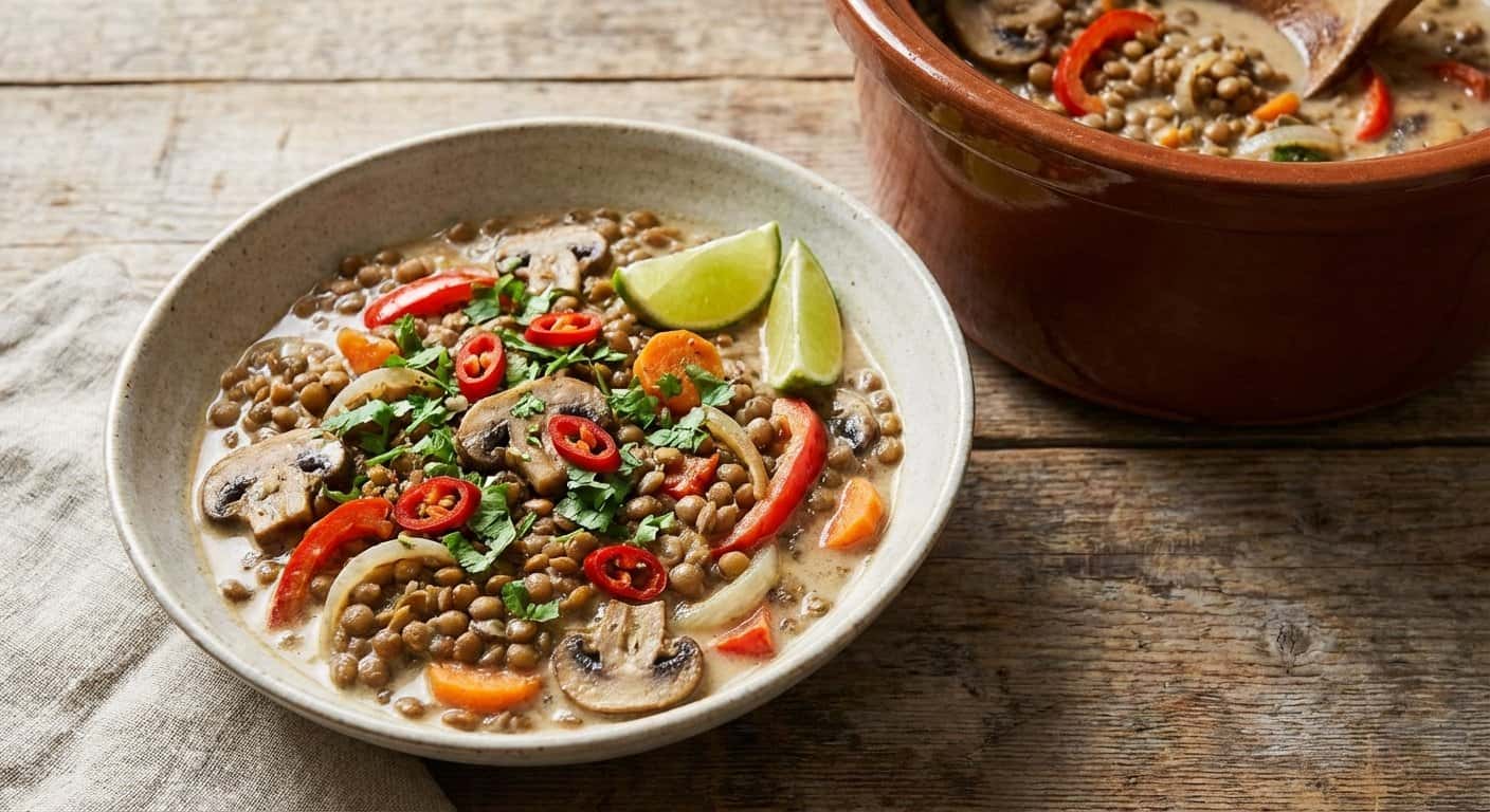 Lentejas con salsa de coco y champiñones en slow cooker