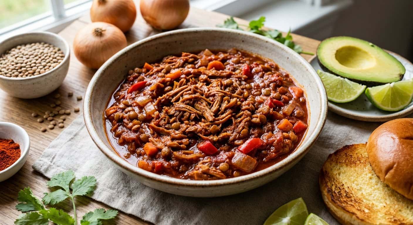 Lentejas Desmenuzadas Estilo Pulled con Salsa de Tomate en Slow Cooker
