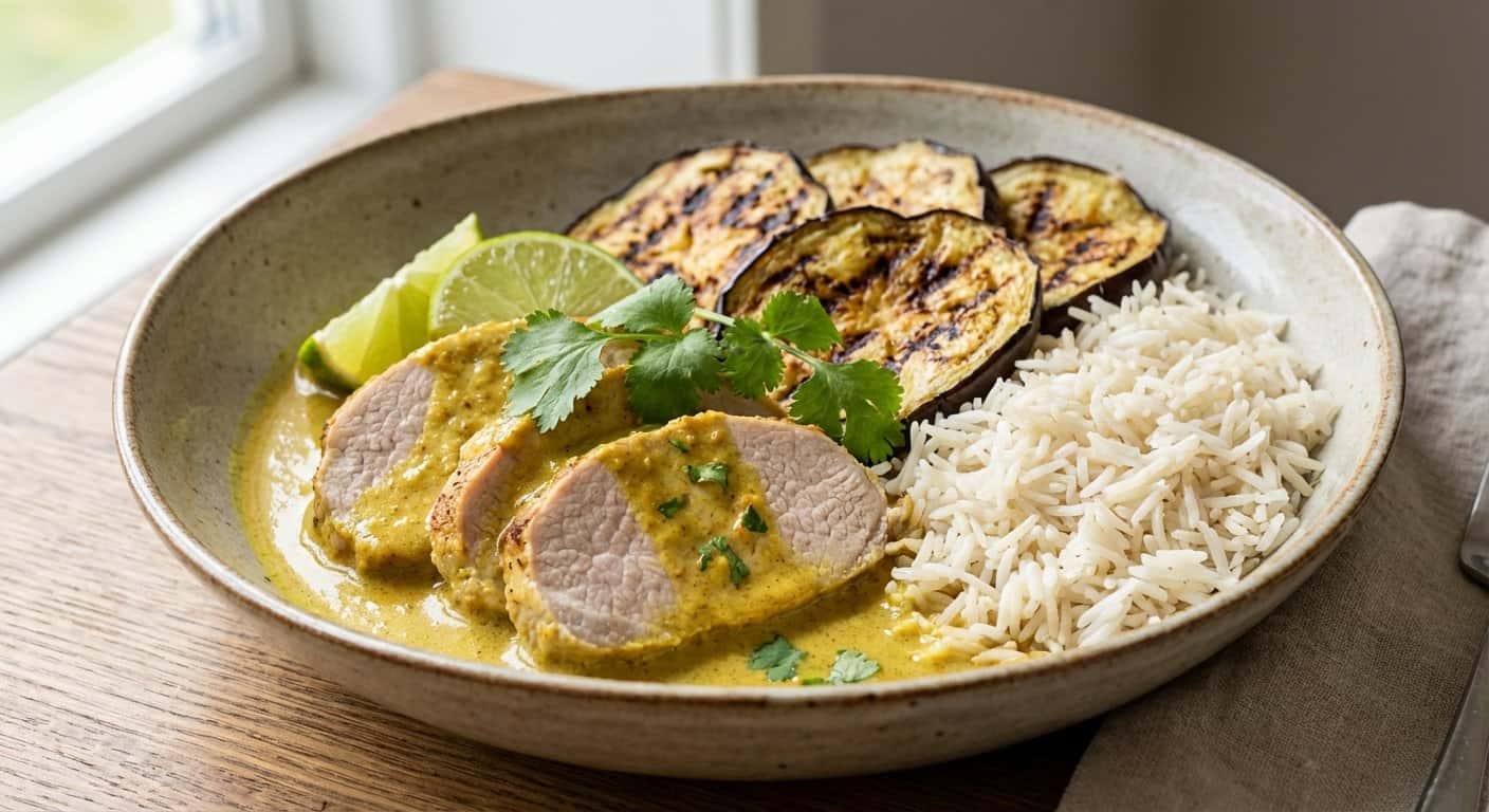Lomo de cerdo al curry suave con berenjena y arroz basmati