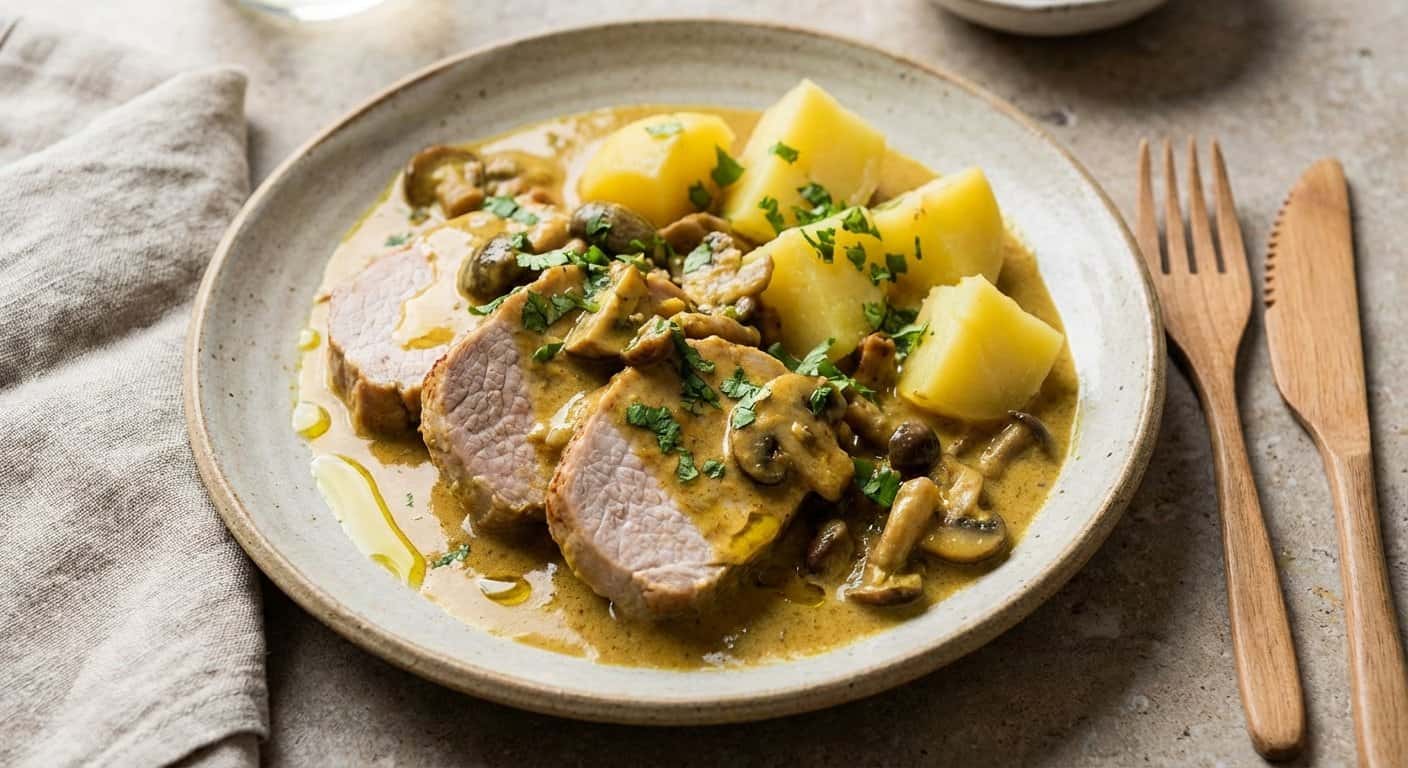 Lomo de cerdo al curry suave con setas y patata cocida