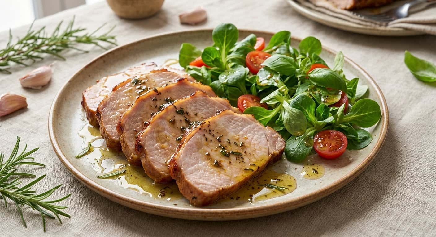 Lomo de cerdo al horno con canónigos y albahaca